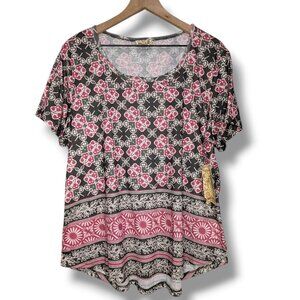NWT One World Shirt Womens 1X Green Floral Short Sleeve Studded Scoop Neck
